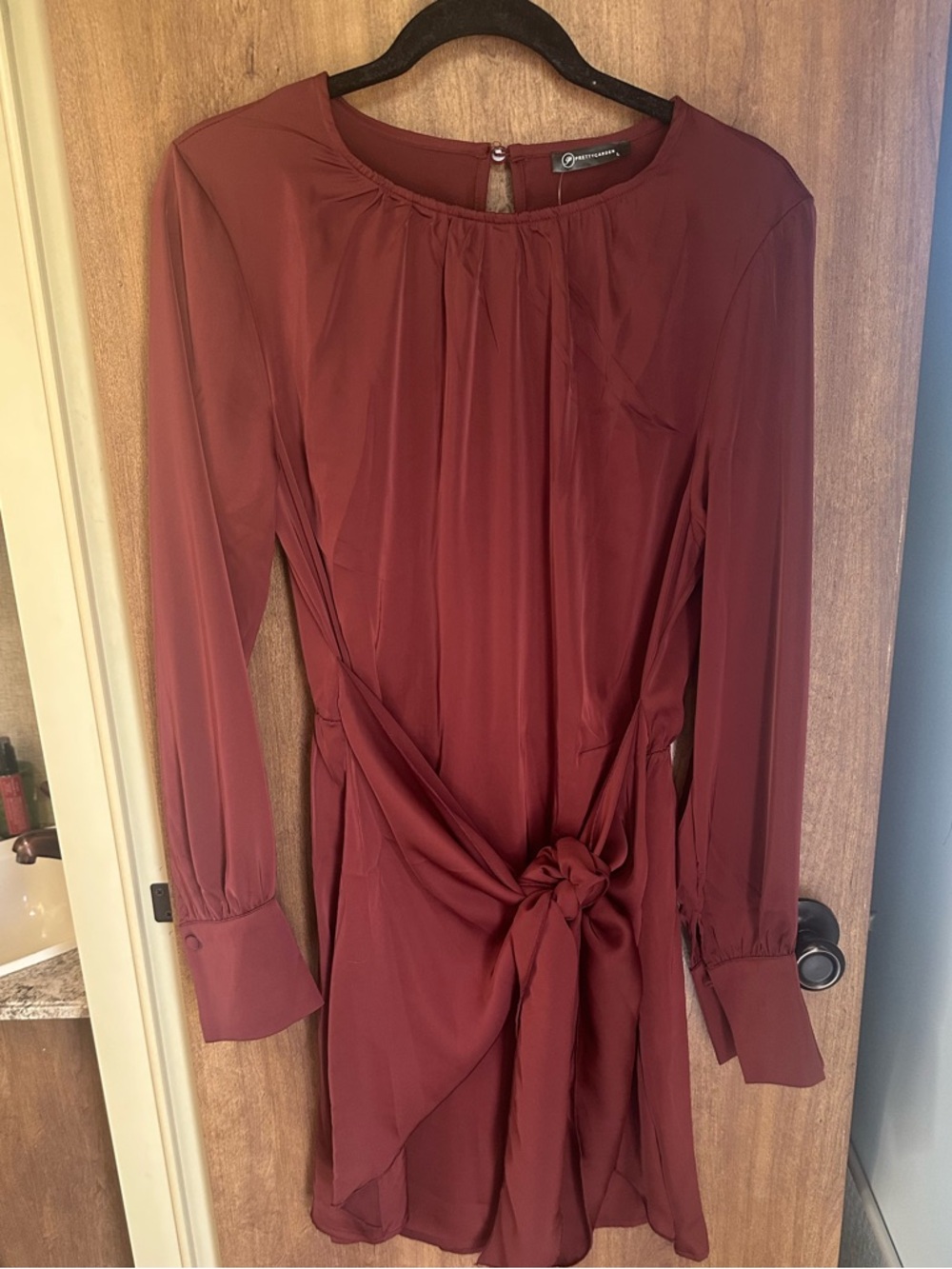 Elegant Wine Long-Sleeve Tie-Waist Dress Large New with tags Chest 40” L36”